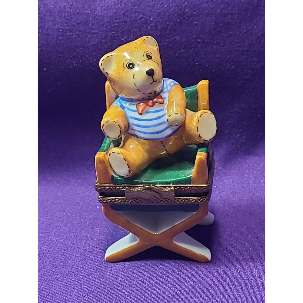 Limoges France Peint Main PV Teddy Bear in Directors Chair Porcelain Trinket Box